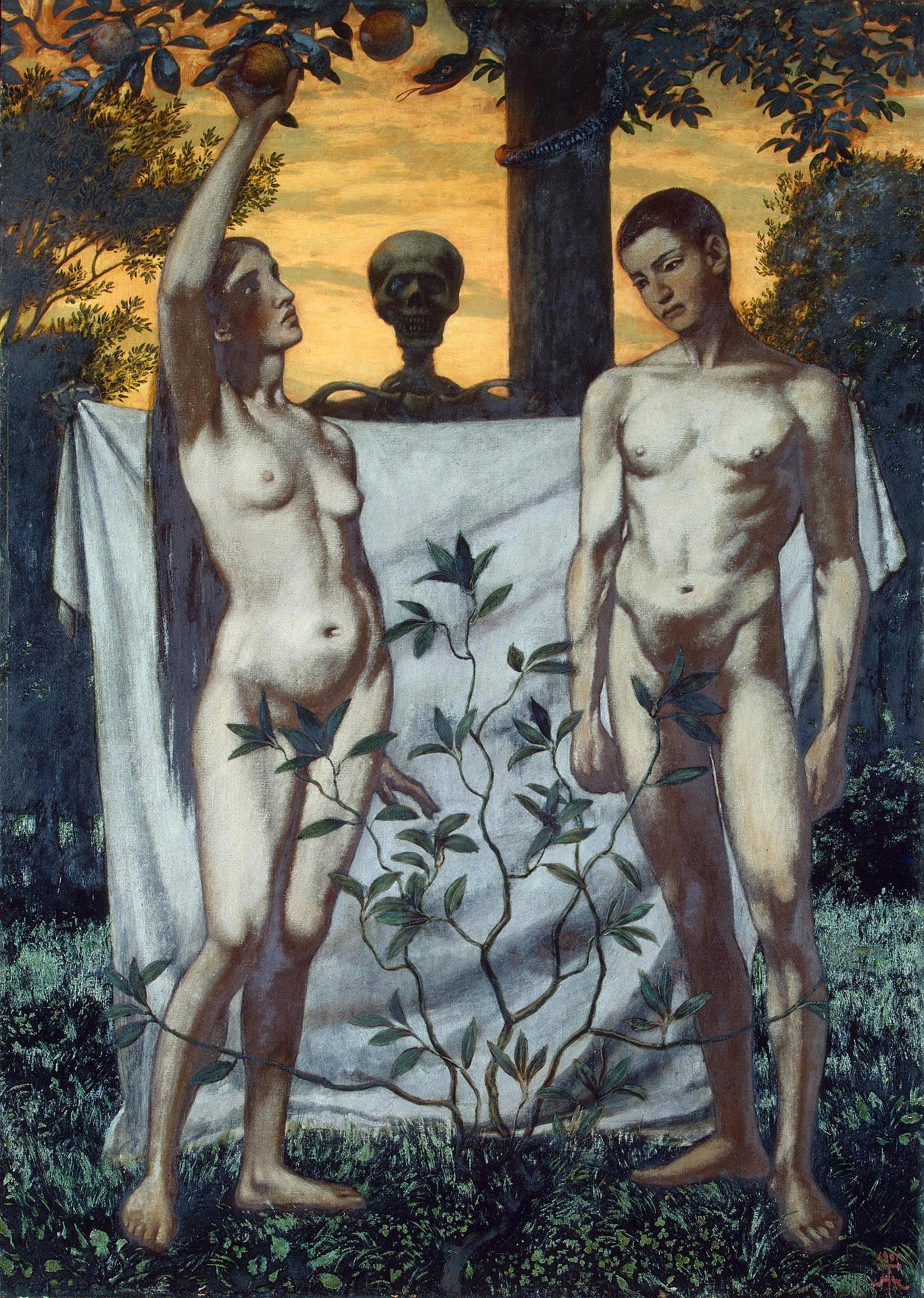 Adam and Eve tempted into eating forbidden frui